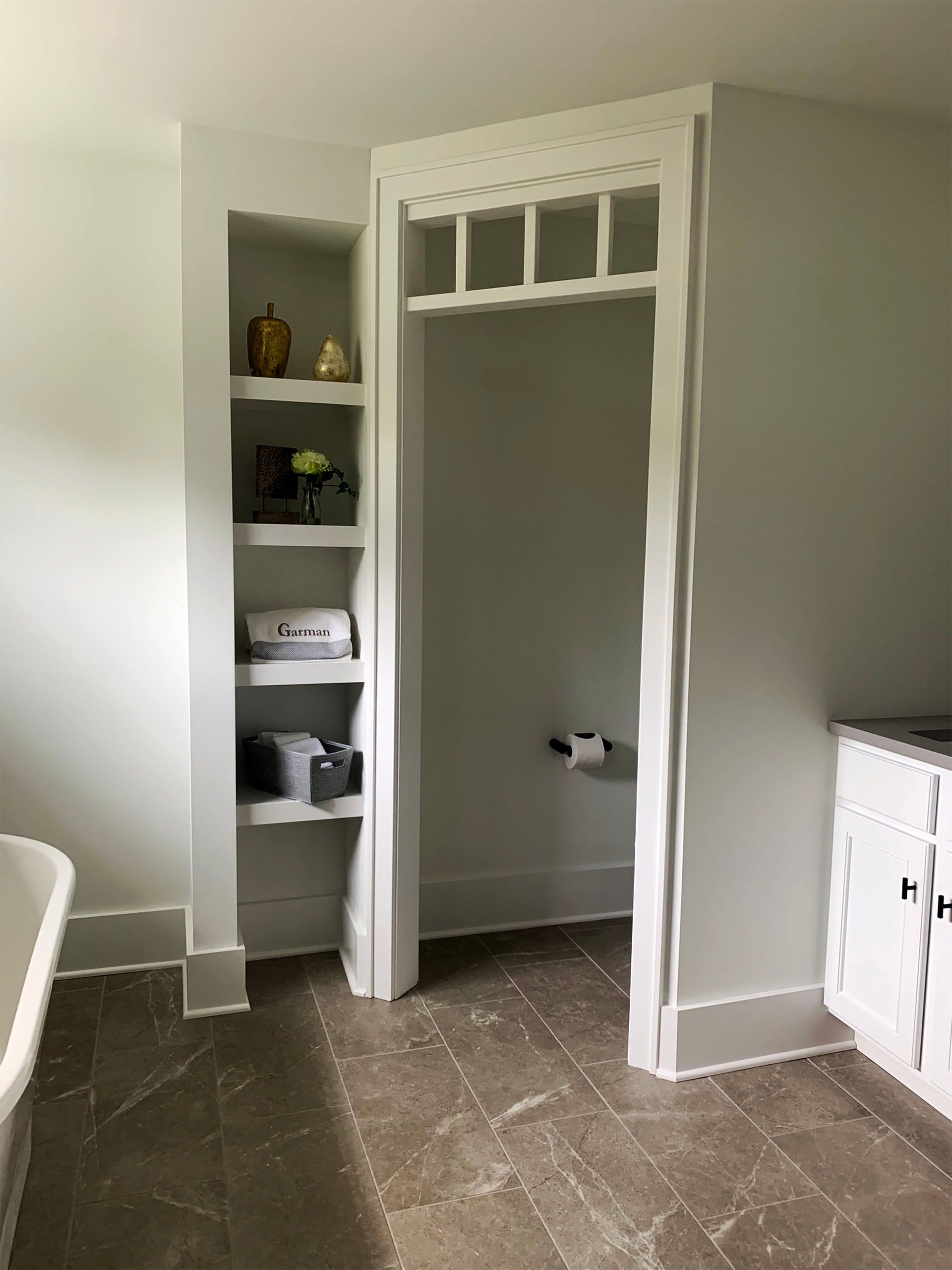 Custom Frame Painting, Semi-Gloss Door Frames, White Flat Walls, Master Bathroom Painting