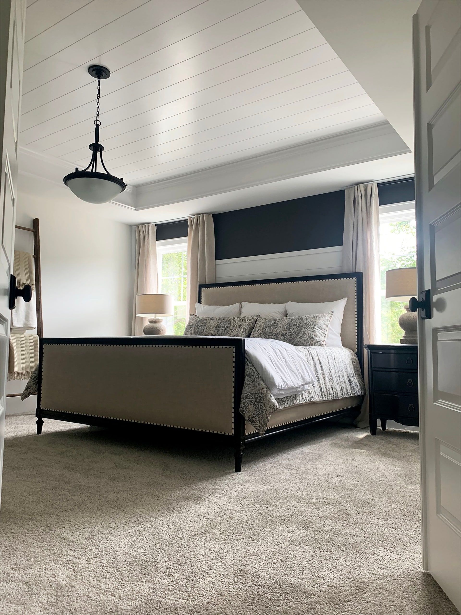 Custom Master Bedroom Painting, Dark Blue Eggshell Wall, Gloss Shiplap Ceiling