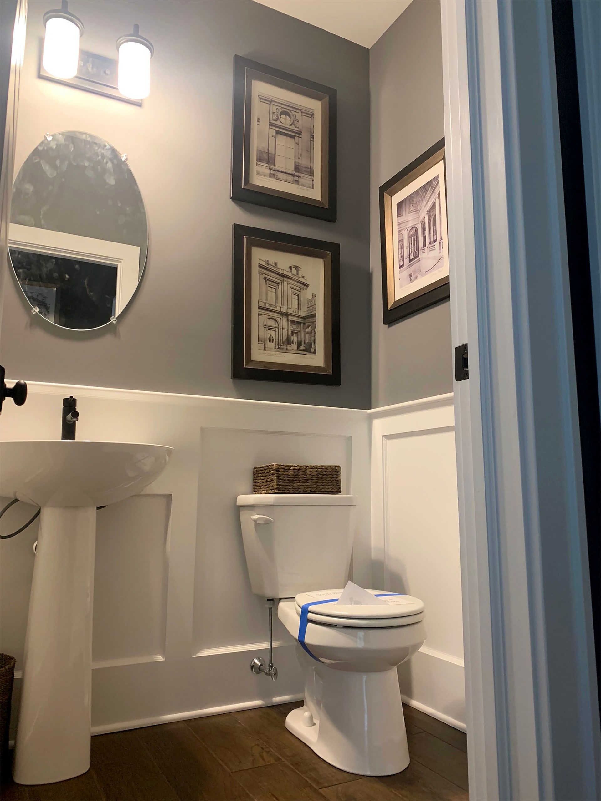 Guest Bathroom Painting, Semi-Gloss Shiplap, Custom Eggshell Wall Color, Off-White Ceiling