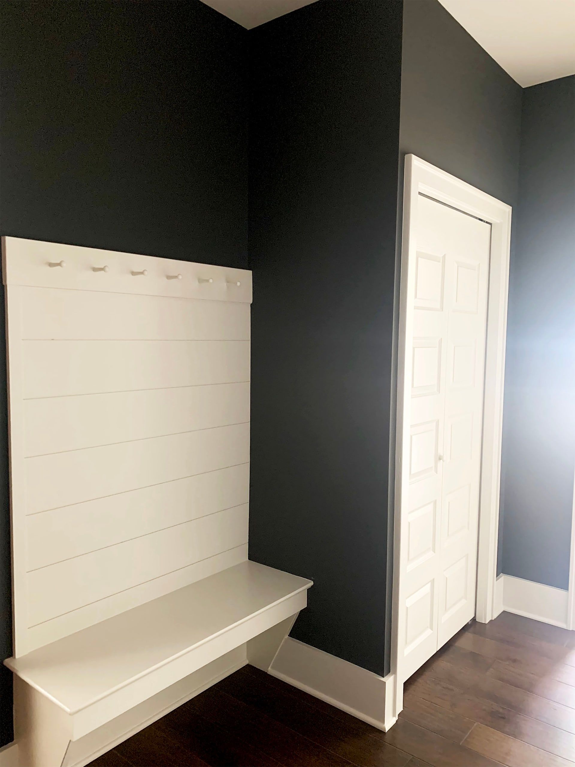 Hallway Painting, Dark Green Eggshell Walls, Semi-Gloss shiplap, Semi-Gloss Hangers and Doors