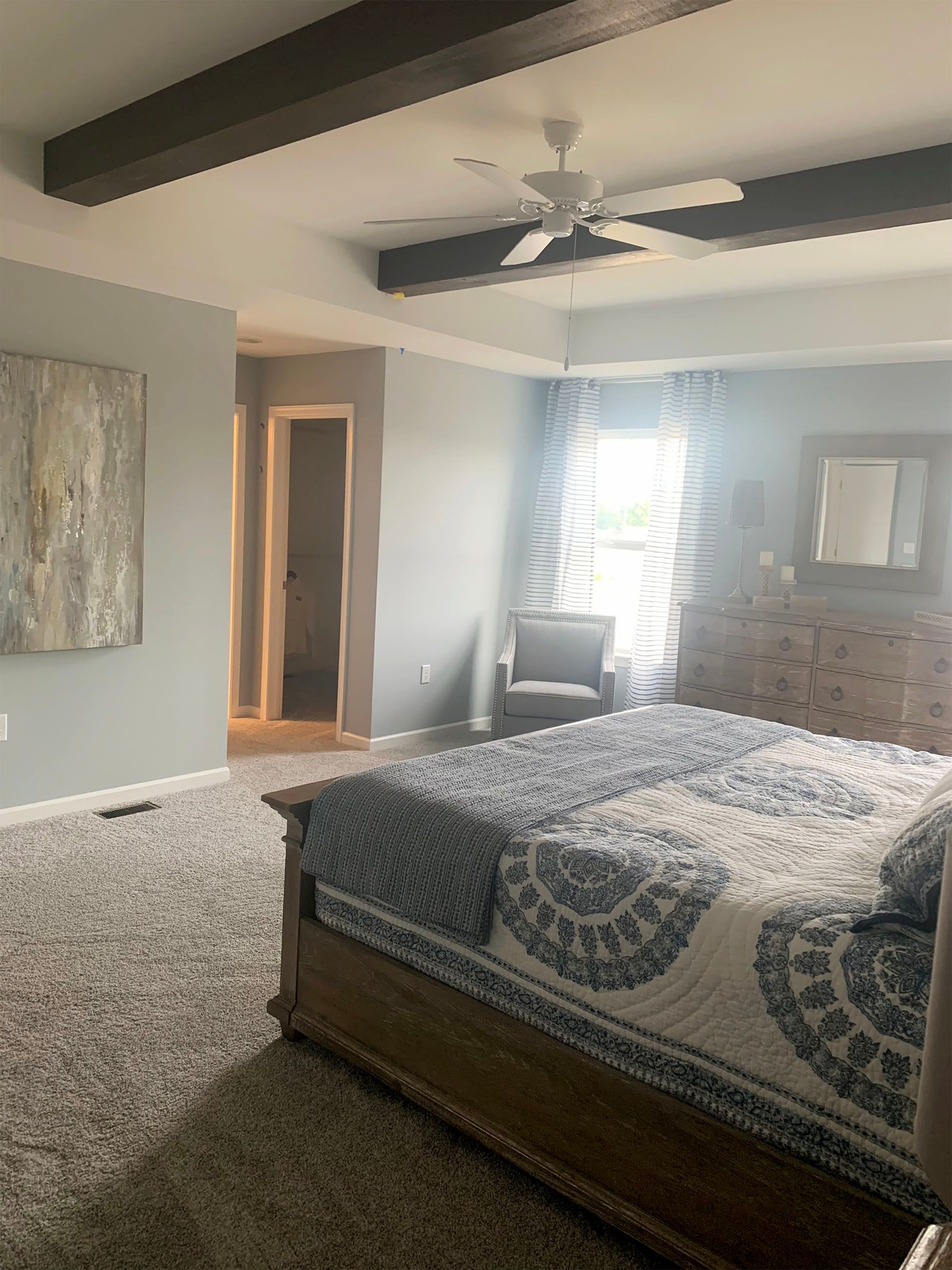 Master Bedroom Painting, Stained 6x6 Wood On Ceiling, White Ceiling, Custom Color Walls