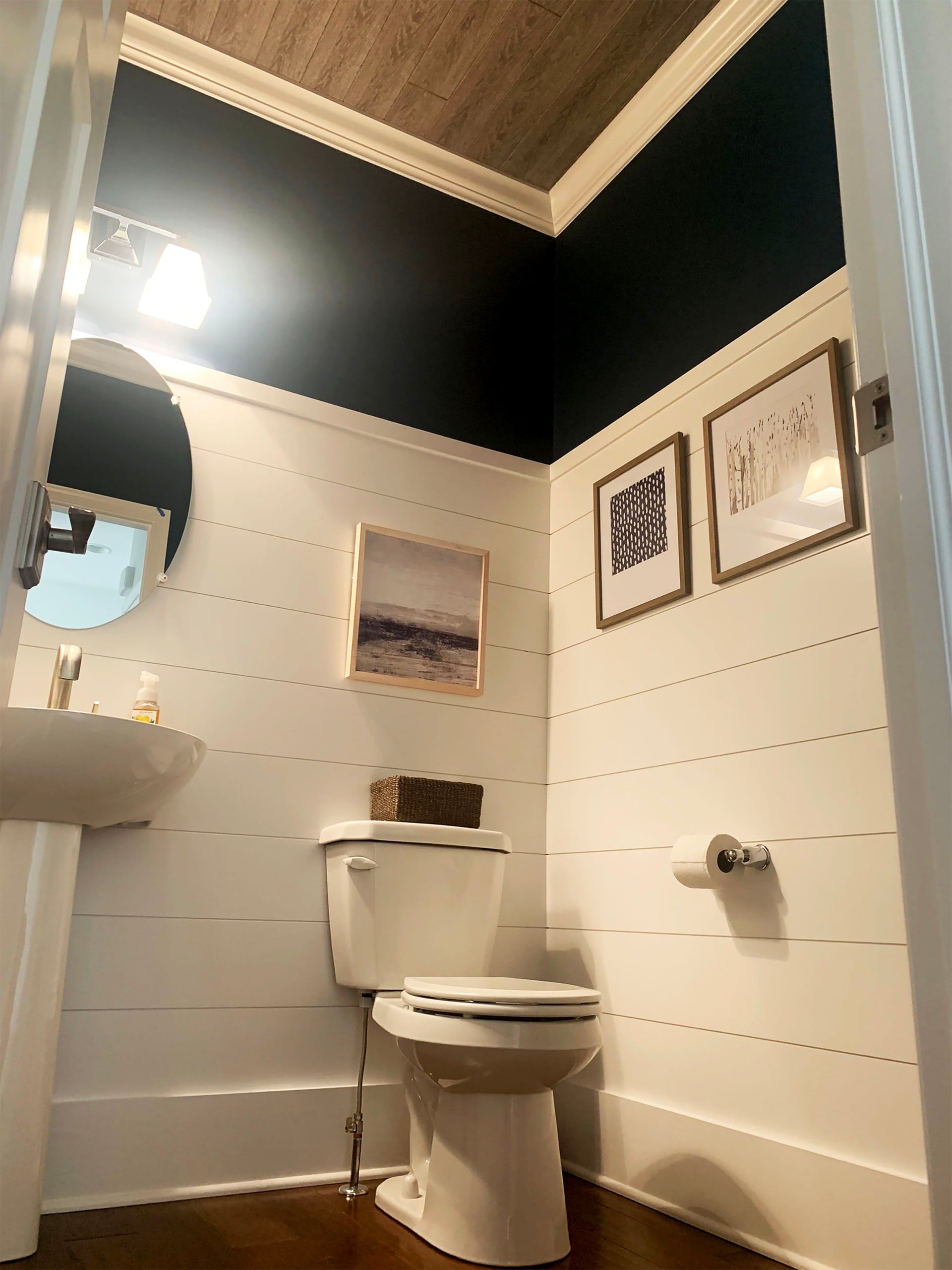 Semi-Gloss Panels, Eggshell Dark Blue Color Walls, Semi-Gloss Crown Molding, Brown Hardwood Ceiling