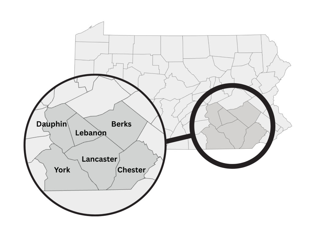 Map of Pennsylvania with our service area magnified: Lancaster, Berks, Lebanon, Chester, York and Dauphin counties